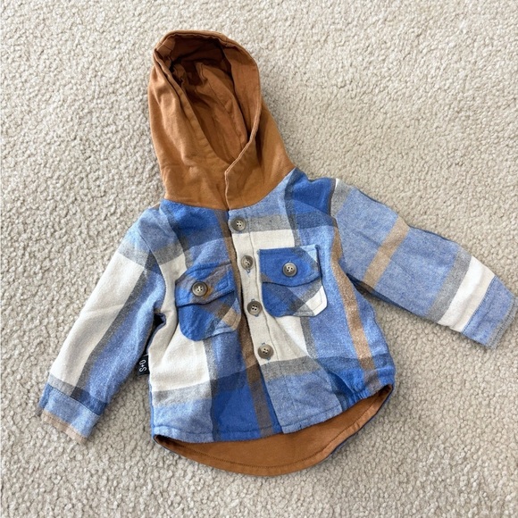 OLIVE + SCOUT • Infant Boys Timber Shacket Plaid Hooded Button Up Size 3-6M - Picture 1 of 4